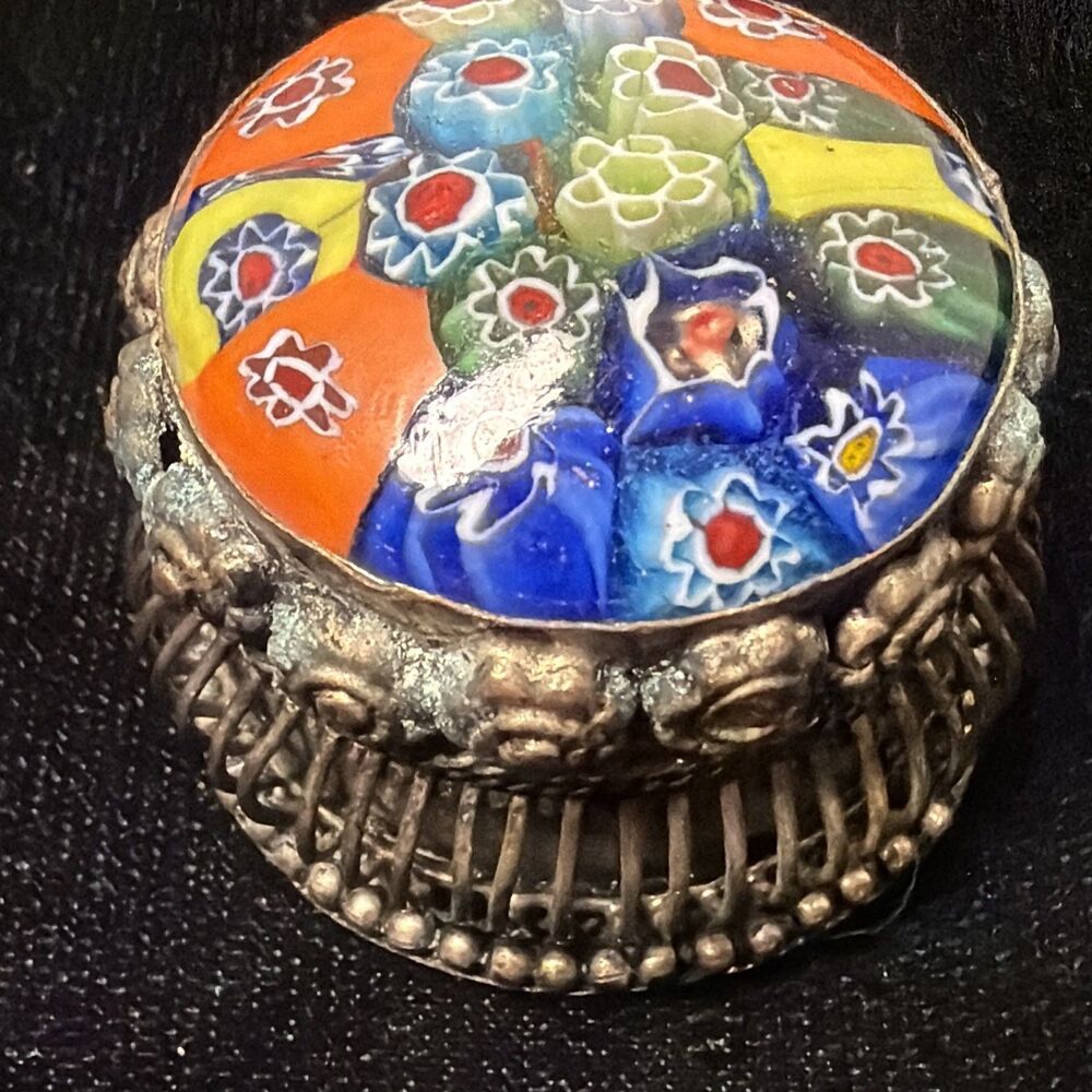 Vintage Millefiori Glass Trinket Box For Pills, Jewelry Etc 1.5” Diameter Patina